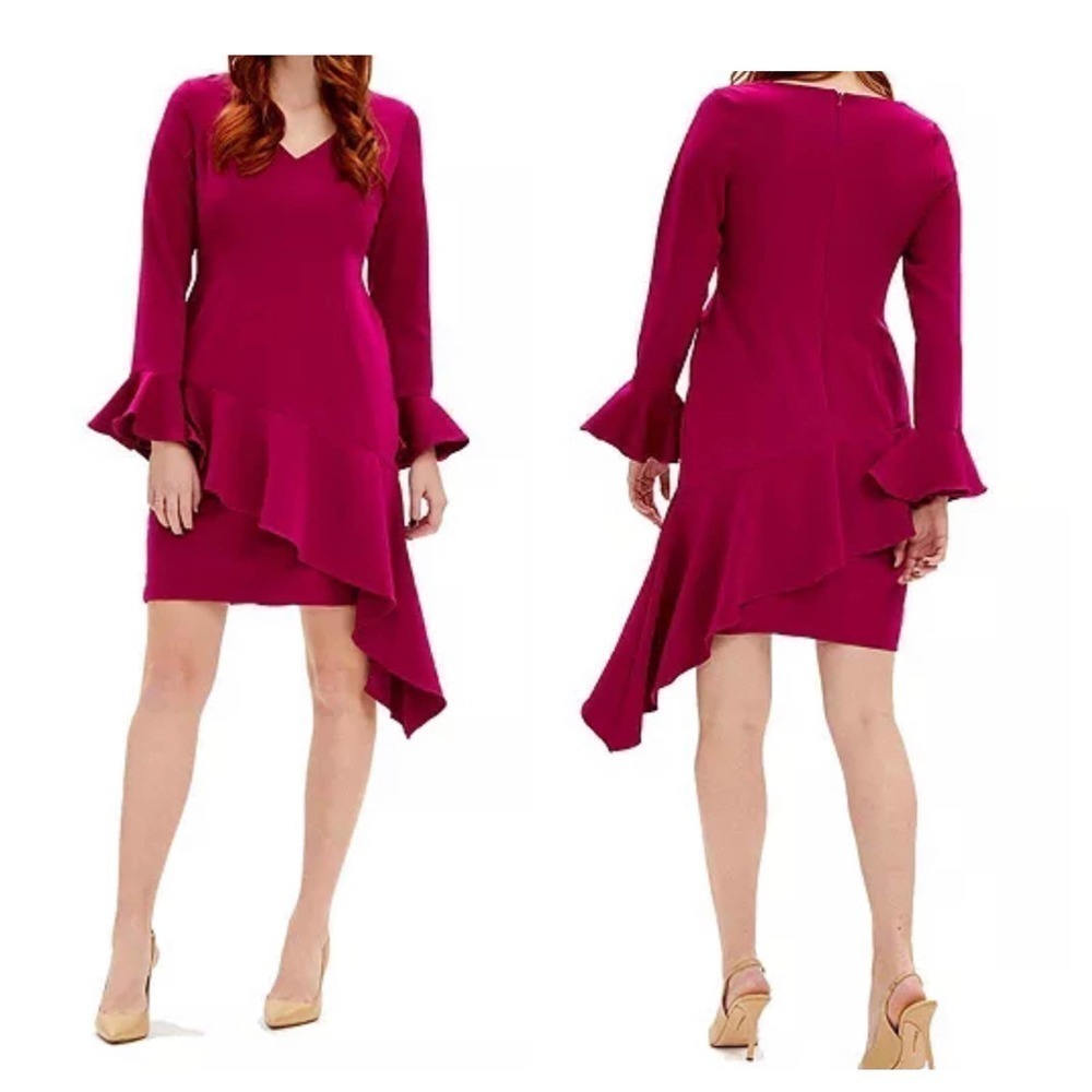 SHANI Asymmetric V-Neck Ruffle Dress Long Sleeve Pink Women's Size 8 NWOT